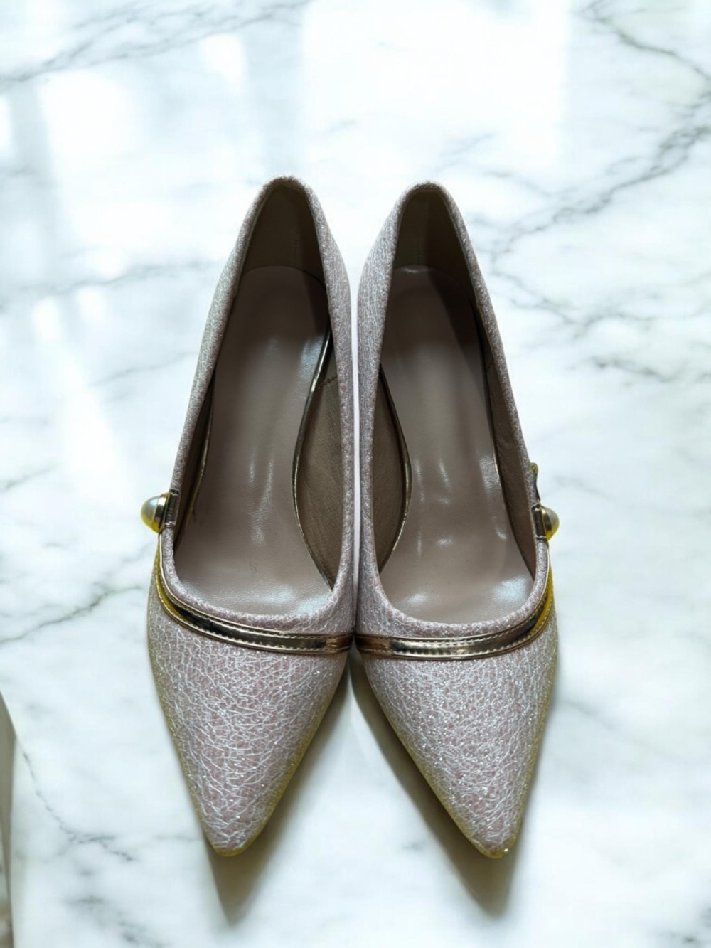 Women's Pointed Toe Dress Pumps in Light Pink with Gold Trim